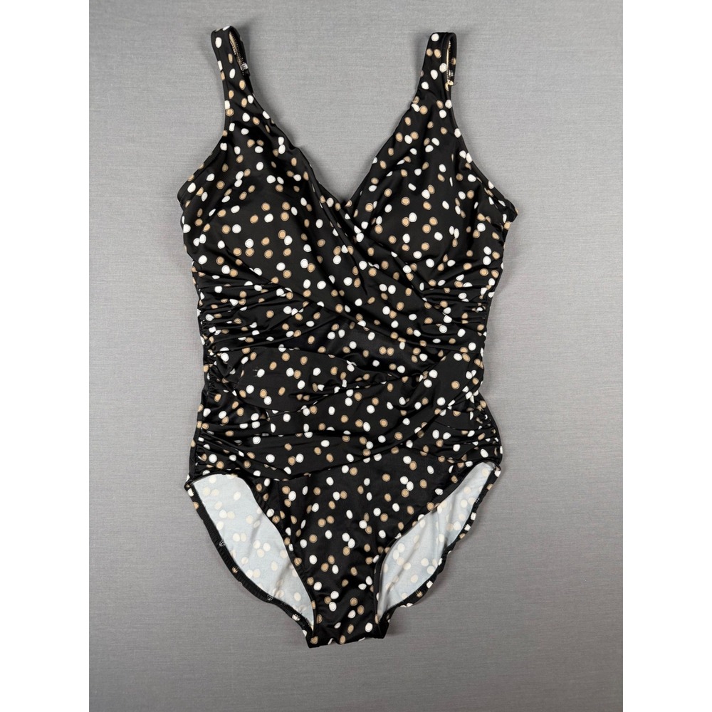 Trimshaper One Piece Swimsuit Bathing Suit Sz. 14 Black with Polka Dots Ruched